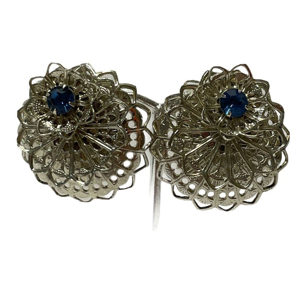 vtg silver tone open work clip on earrings  blue rhinestone floral coin Round